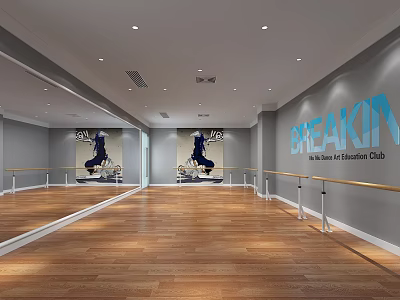 Spacious Bright Fitness Dance Studio With Wooden Floor Mirrors On Both Sides And Breakin Posters 3d model
