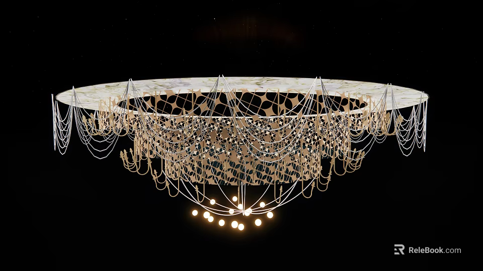 Intricate Ceiling Design With Decorative Chandelier Hanging Chains And Ornate Patterns 3d model