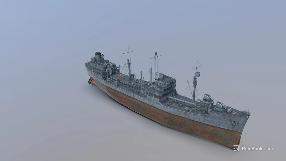 Historical Military Warship With Rustic Hull Mast Structures And Deck Equipment Details 3d model 