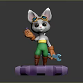 Cartoon Cat Character With Goggles Green Pants Red Boots Holding Wrench on Purple Gear Base