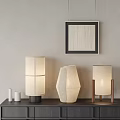 Modern Table Lamps With Various Fabric Shades Wooden Base On Dark Cabinet Gray Wall Decorative Painting
