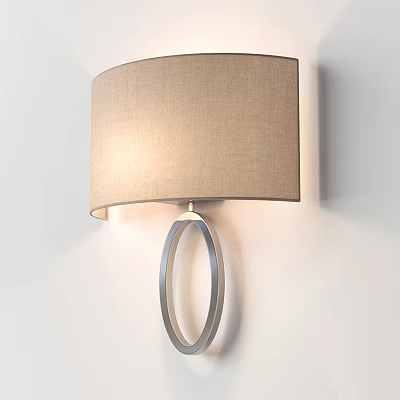 Modern Beige Linen Shade Wall Lamp With Circular Metal Frame On White Illuminated Wall 3d model