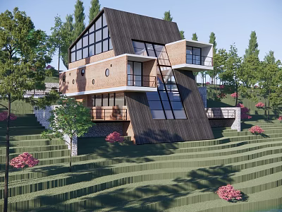 Modern Guesthouse Building With Large Windows On Sloped Terrain Surrounded By Trees And Pink Flowers 3d model
