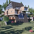 Modern Guesthouse Building With Large Windows On Sloped Terrain Surrounded By Trees And Pink Flowers