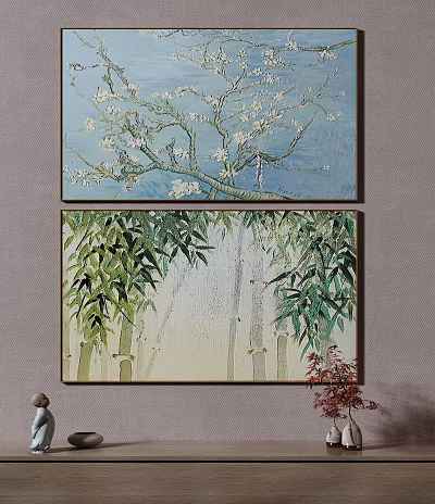 Botanical Paintings with White Flower Branches and Bamboo on Blue Light Background Wall Art 3d model