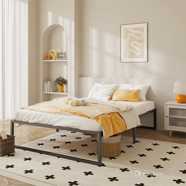 Modern Bedroom Interior With Platform Bed Yellow Pillows Arched Bookshelf And Star Pattern Rug 3d model 