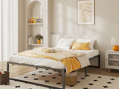 Modern Bedroom Interior With Platform Bed Yellow Pillows Arched Bookshelf And Star Pattern Rug 3d model