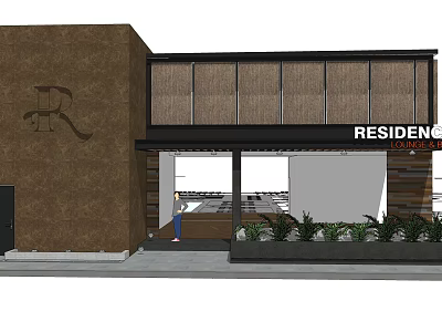 Modern Residence Exterior With Brown Facade Logo Wooden Louvers Entryway And Plants 3d model