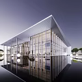 Modern Sales Office Building With Glass Curtain Walls Green Roof And Landscape Water Features Lighting