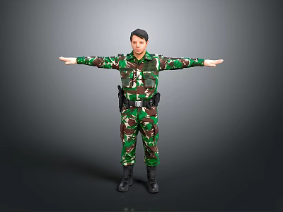 Male In Camouflage Military Uniform Standing With Arms Outstretched On Gray Background 3d model