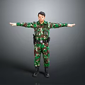Male In Camouflage Military Uniform Standing With Arms Outstretched On Gray Background