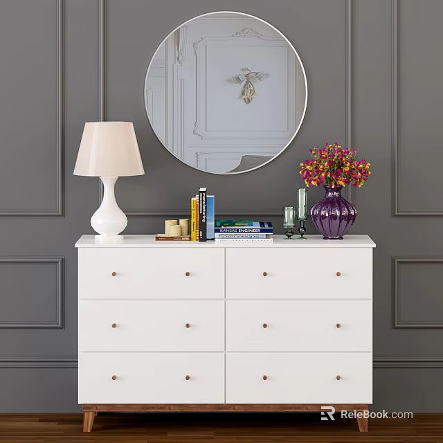 White Chest of Drawers with Round Mirror Table Lamp Books and Vase on Gray Wall 3d model 