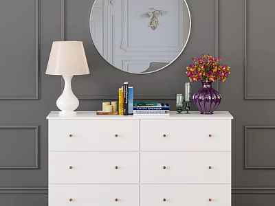 White Chest of Drawers with Round Mirror Table Lamp Books and Vase on Gray Wall 3d model