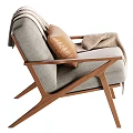 Modern Leisure Chair With Wooden Frame Gray Fabric Upholstery Brown Cushion And Beige Blanket