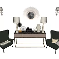 Modern Elegant Entryway Console Table With Grey Armchairs Round Mirror And Table Lamps