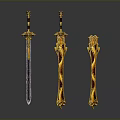 Ornate Decorative Swords With Golden Red Handles And Intricate Patterns