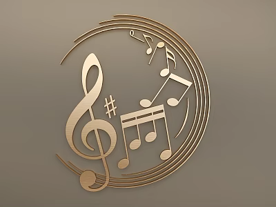 Golden Musical Note Wall Hanging with Treble Clef Notes and Circular Lines Design 3d model