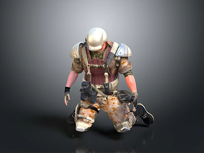 Tactical Combat Character With Helmet Armor In Kneeling Pose On Minimal Gray Background 3d model