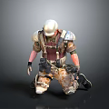 Tactical Combat Character With Helmet Armor In Kneeling Pose On Minimal Gray Background