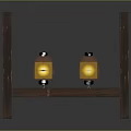 Rustic Wooden Frame With Two Yellow Lighted Lanterns On Gray Background