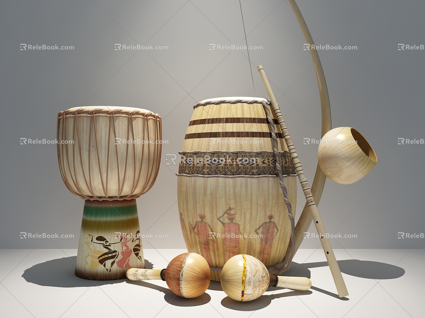 Ethnic wind drum African tambourine instrument combination 3d model