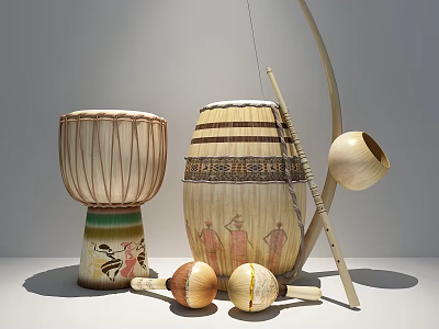 Traditional Musical Instruments With Drums Mallets Maracas And Decorative Painted Patterns 3d model