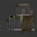 Rusty Metal Cage Structure With Mossy Surface Open Door And Curved Wooden Frame