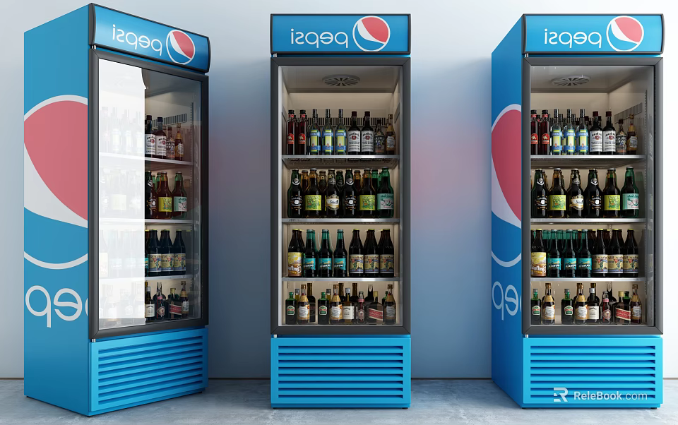 Blue Beverage Refrigerators With Pepsi Logo Stocked Full Of Various Drinks 3d model 