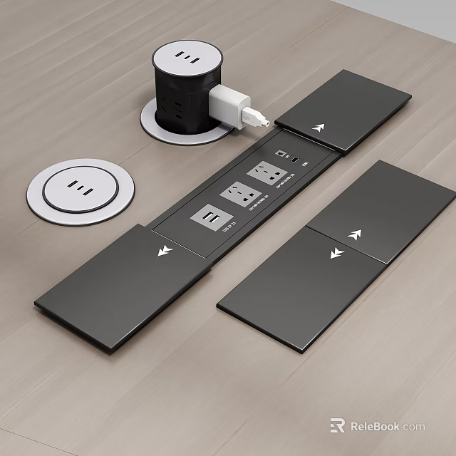 Black Electrical Switches Sockets Panels with Plug and Round Cover on Wooden Surface 3d model 