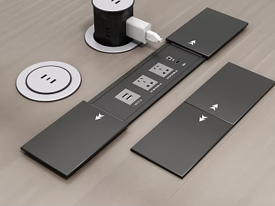 Black Electrical Switches Sockets Panels with Plug and Round Cover on Wooden Surface 3d model