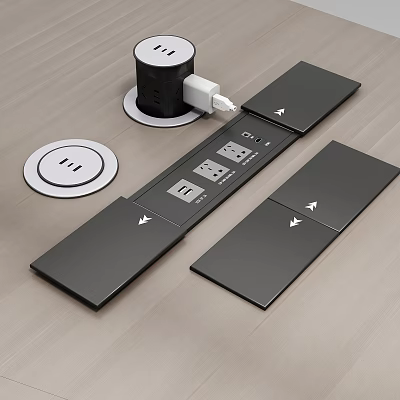Black Electrical Switches Sockets Panels with Plug and Round Cover on Wooden Surface 3d model