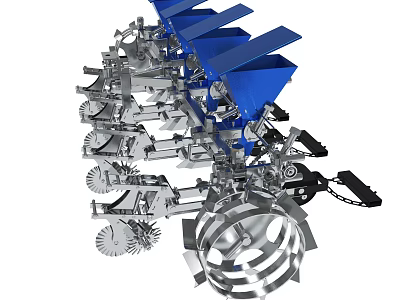 Agricultural Machinery With Blue Hoppers And Metal Planting Structure Parts 3d model