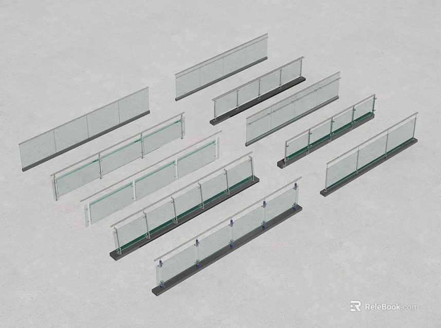 Multiple Glass Railings With Different Lengths And Various Designs Displayed On Grey Surface 3d model 