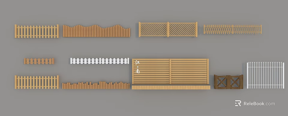 Various Wooden Fence Designs Including Grid Picket Slatted And Wavy Patterns 3d model