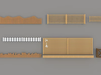 Various Wooden Fence Designs Including Grid Picket Slatted And Wavy Patterns 3d model