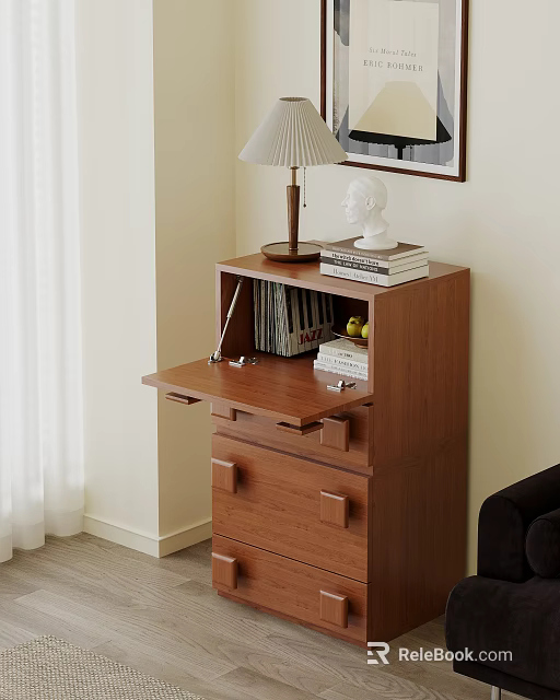 Modern Wooden Dresser With Open Drawer Table Lamp Books And Bust Statue 3d model 