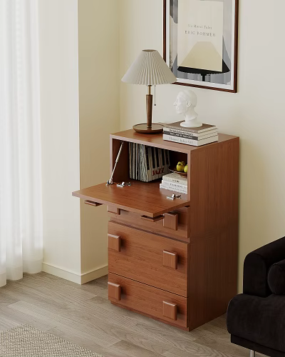 Modern Wooden Dresser With Open Drawer Table Lamp Books And Bust Statue 3d model
