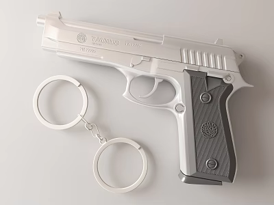Shiny Silver Pistol And Metallic Handcuffs Arranged Together On Gray Background 3d model