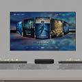 Wall Mounted Television Displaying Movie Posters With Soundbar And Flame Decor