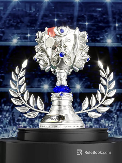 Silver Decorative Trophy With Laurel Leaves Blue Gemstones And Sparkling Background 3d model 