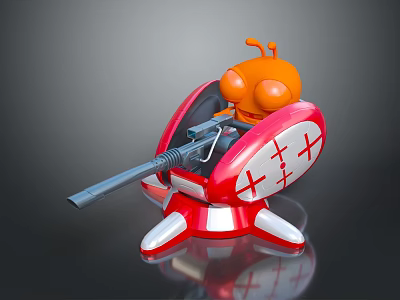 Orange Cartoon Character Riding Red Aircraft With White Crosses Holding Gun On Dark Background 3d model