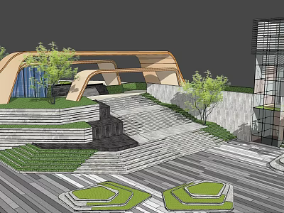 Modern Entrance Gate With Curved Architectural Design Landscaped Gardens And Stone Steps 3d model