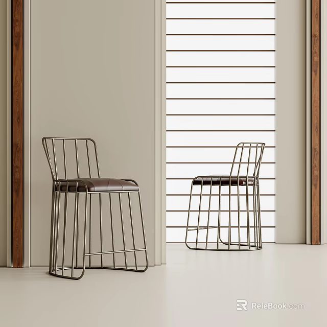 Sleek Single Chair With Metal Wire Frame And Leather Cushioned Seat In Modern Indoor Space 3d model 