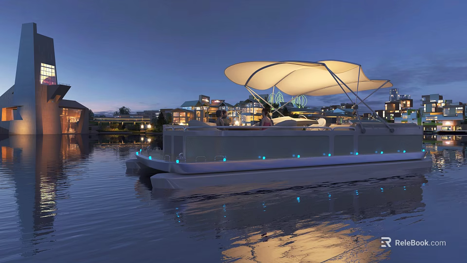 Evening Waterfront Scene With Boat Featuring White Canopy Surrounding Buildings And Lights Creating Calm Reflections 3d model 