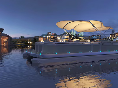 Evening Waterfront Scene With Boat Featuring White Canopy Surrounding Buildings And Lights Creating Calm Reflections 3d model
