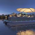 Evening Waterfront Scene With Boat Featuring White Canopy Surrounding Buildings And Lights Creating Calm Reflections