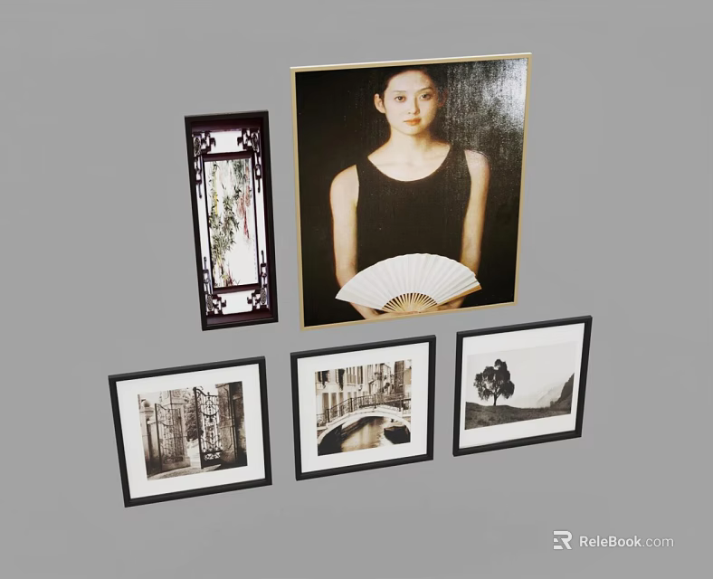 Black And White Landscape Paintings Featuring Tree And Bridge Scenes In Frames 3d model 
