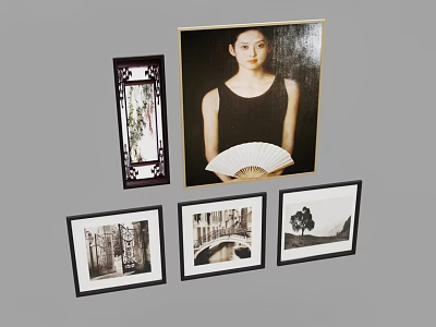 Black And White Landscape Paintings Featuring Tree And Bridge Scenes In Frames 3d model