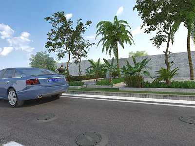 Roadside Garden Landscape With Trees Palm Trees Shrubs Lawn And Stone Wall Under Blue Sky 3d model