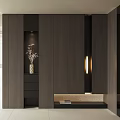 Modern Dark Wood Shoe Cabinet With Storage Drawers Decorative Vase And Lighting